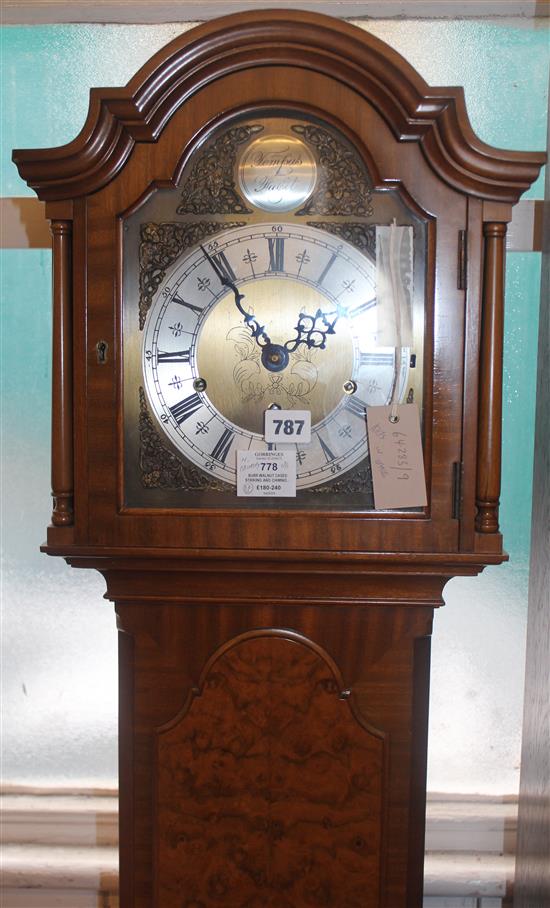 Burr walnut cased striking and chiming grandmother clock(-)